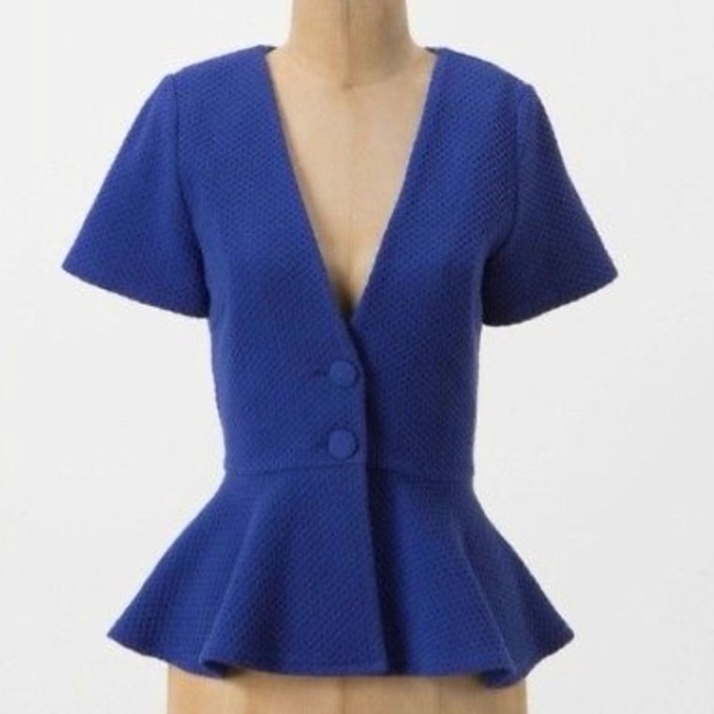 Anthropologie | Ganni Blue Textured Short-Sleeve Peplum Top M